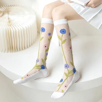 1 пара Длинных носков из шелка с цветочным узором для девочек и женщин, Тонкий принт, Летние Ультратонкие Прозрачные Мультяшные милые носки Изображение 0
