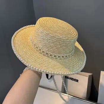 202306-shi ins дропшиппинг летний дизайнерский стиль полная жемчужная Цепочка изящество ручной работы соломенные женские фетровые шляпы женская панама джазовая шляпа