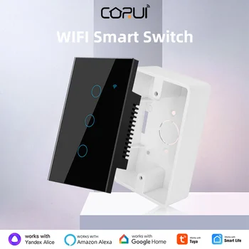 CORUI Tuya EU US Wifi Умный Сенсорный Выключатель 1/2/3/4 Банды Настенный Выключатель Света С Нижней Коробкой Для Alexa Google Home Alice Smart Life