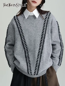 TWOTWINSTYLE, Хитовые Цветные повседневные вязаные свитера для женщин, круглый вырез, Длинный рукав, Свободный Темпераментный свитер, Женская мода 2023