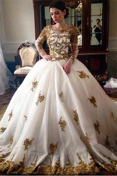 Великолепные Белые и Золотые Свадебные платья С кружевными аппликациями и длинными рукавами Элегантные Арабские Свадебные платья С корсетом на спине Vestido De Novia