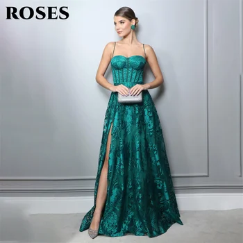 Вечернее платье на тонких бретельках с розами, Элегантное зеленое платье для выпускного вечера трапециевидной формы С кружевными аппликациями, вечернее платье с круглым вырезом, вечерние халаты de soirée
