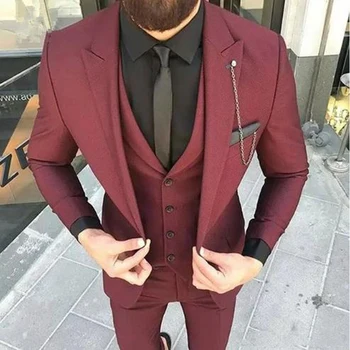 Винно-красный Приталенный свадебный мужской костюм для жениха из 3 частей Куртка-Вазиткот с брюками Мужской модный костюм новейшего стиля