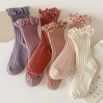 Детские носки для девочек Винтажные кружевные однотонные детские носки с двойной иглой, милые осенне-зимние носки до середины бедра для маленьких девочек