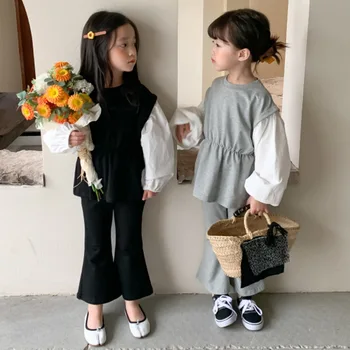 Детский костюм в весенне-осенней моде, расклешенные брюки, комплект из двух предметов для милых маленьких девочек