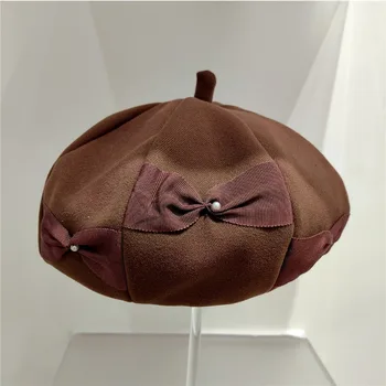 Женская осенняя восьмиугольная шляпа с японским бантом и жемчугом, универсальная милая осенне-зимняя теплая кепка-тыква Изображение 3