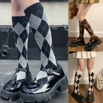 Женские вязаные носки Harajuku с ромбовидной сеткой, гольфы до колена, зима-осень, готические винтажные гранжевые носки с длинными рукавами, уличная одежда