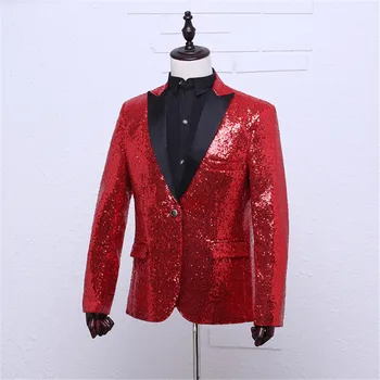 Классический красный пиджак, мужской шикарный блейзер с блестками, Мужской смокинг, сценический костюм, мужское светское пальто Изображение 3