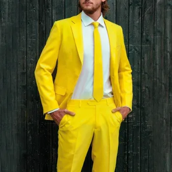Костюм Homme Желтый Свадебный мужской костюм, приталенный свадебный смокинг жениха, официальные костюмы для выпускного вечера из двух частей, мужской комплект на заказ Изображение 0