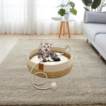 Кошачья кровать, дышащая со съемной подушкой, прочный плетеный коврик для царапин, Кошачья когтеточка для летних домашних щенков и котенков Изображение 5