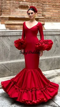 Красная Русалка, платья для выпускного вечера в стиле испанского фламенко, V-образный вырез, расклешенные рукава, Сетчатое Сексуальное вечернее платье для танцев в Испании с трубой