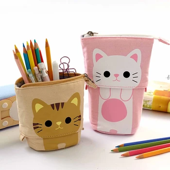 Креативный выдвижной пенал с кошкой, выдвижная сумка для школьных принадлежностей, Кавайный холщовый держатель для ручек, Подарки для детей, сумка для ручек