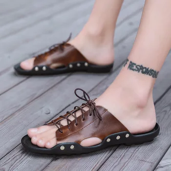 Летние мужские тапочки Tide, Британские модные сандалии из натуральной коровьей кожи, Пляжные сандалии Lazy, Вьетнамки, Мужская домашняя обувь 2023