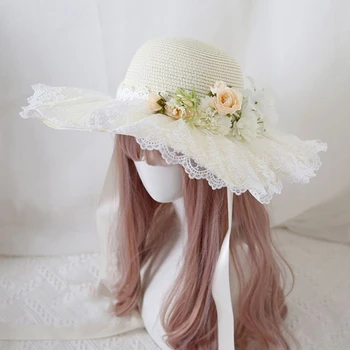 Летняя соломенная шляпа для взрослых, женская солнцезащитная шляпа для отдыха с цветочным декором Изображение 4