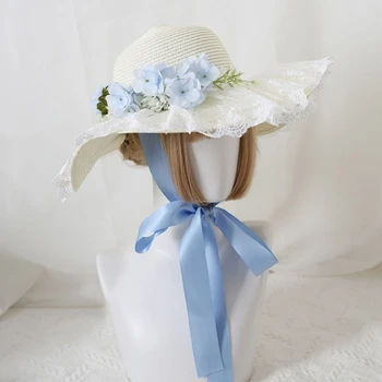 Летняя соломенная шляпа для взрослых, женская солнцезащитная шляпа для отдыха с цветочным декором Изображение 5