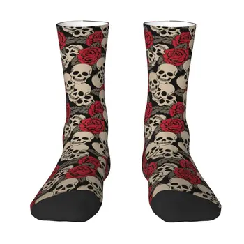 Мужские носки для экипажа с рисунком черепа в виде цветка розы, Унисекс, забавный 3D принт, носки в готическом стиле со скелетом Изображение 0
