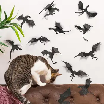 Наклейка с летучей мышью на тему Хэллоуина, Набор наклеек с 3D-летучей мышью, черные блестящие самоклеящиеся наклейки из ПВХ для спальни с привидениями