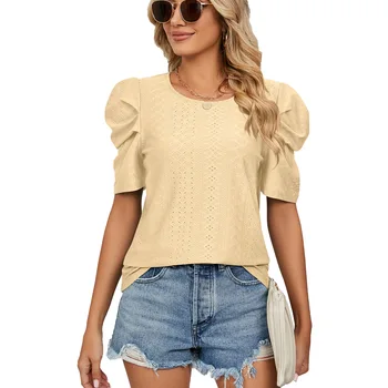 Новый однотонный круглый вырез, плиссированный рукав с ворсом, темпераментный пригородный модный прямой весенний пуловер, футболка, блузка, леди Изображение 3