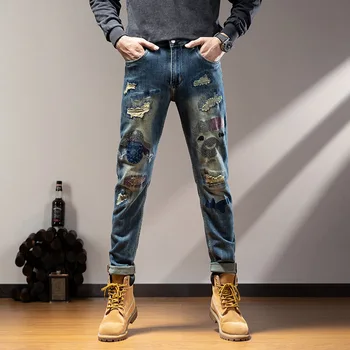 Новый осенний уличный тренд, мужские джинсы, как старые, рваные прямые брюки со средней резинкой на талии, повседневная одежда