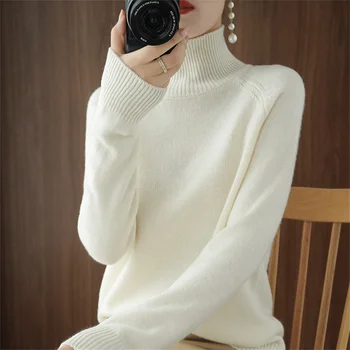 Осенне-зимний новый женский пуловер с высоким воротом, свободный толстый корейский вариант однотонной трикотажной нижней рубашки для женщин Изображение 0