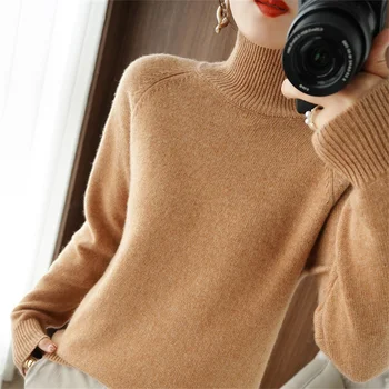 Осенне-зимний новый женский пуловер с высоким воротом, свободный толстый корейский вариант однотонной трикотажной нижней рубашки для женщин Изображение 1