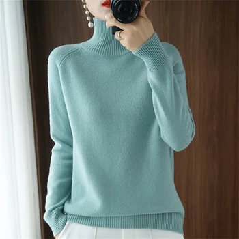 Осенне-зимний новый женский пуловер с высоким воротом, свободный толстый корейский вариант однотонной трикотажной нижней рубашки для женщин Изображение 2