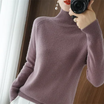 Осенне-зимний новый женский пуловер с высоким воротом, свободный толстый корейский вариант однотонной трикотажной нижней рубашки для женщин Изображение 3