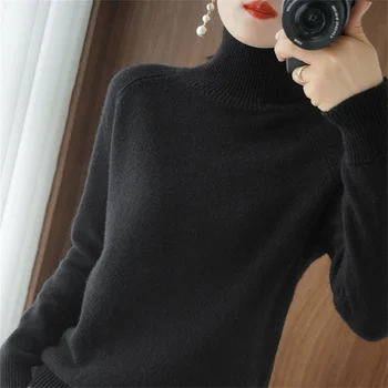 Осенне-зимний новый женский пуловер с высоким воротом, свободный толстый корейский вариант однотонной трикотажной нижней рубашки для женщин Изображение 4