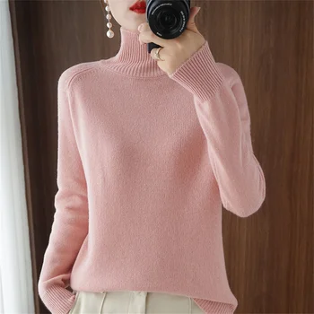 Осенне-зимний новый женский пуловер с высоким воротом, свободный толстый корейский вариант однотонной трикотажной нижней рубашки для женщин Изображение 5