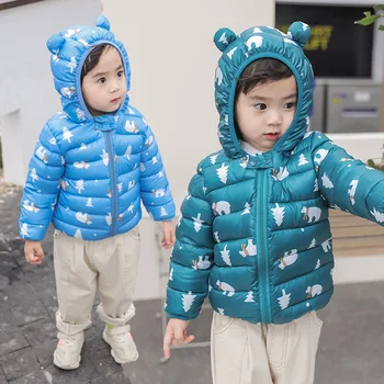 Осенне-зимняя легкая пуховая куртка для мальчиков, детское пальто с капюшоном для девочек, верхняя одежда с рисунком Медведя из мультфильмов, одежда для малышей