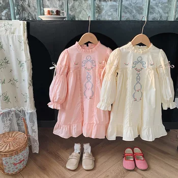Повседневные платья для девочек, французская вышивка, кружево, осенняя хлопковая детская одежда в стиле принцессы с пышными рукавами и принтом Soild