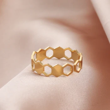 Регулируемые кольца COOLTIME в виде сот, Геометрическое кольцо из нержавеющей стали для женщин, модные украшения, подарок на Годовщину свадьбы Изображение 4