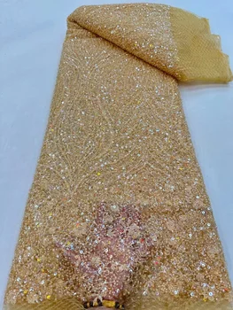 Роскошная кружевная ткань с золотым бисером Для вечернего платья, тяжелые хрустальные бусины, 5 ярдов, Дубай 2023, Высококачественная Африканская тюлевая сетка С блестками Изображение 0