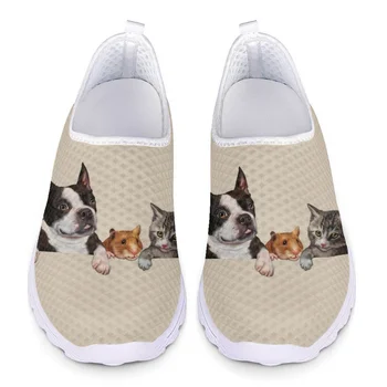 Сетчатая обувь Женская Простая Дизайнерская обувь с французским бульдогом и кошкой, удобные Легкие кроссовки для бега, Лоферы на плоской подошве для девочек в помещении Изображение 0