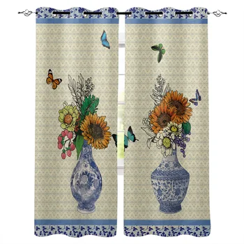 Синие и белые фарфоровые занавески с бабочками в стиле ретро в цветочек для гостиной, детской спальни, оконной занавески для холла, длинных штор Cortinas Изображение 0