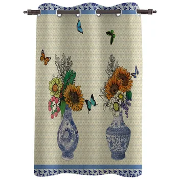 Синие и белые фарфоровые занавески с бабочками в стиле ретро в цветочек для гостиной, детской спальни, оконной занавески для холла, длинных штор Cortinas Изображение 2