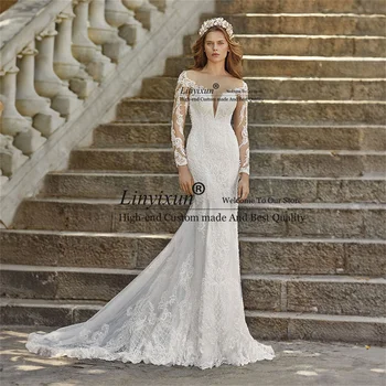Элегантное кружевное Свадебное платье-Русалка с аппликациями, иллюзия овального выреза, свадебное платье со шлейфом на пуговицах сзади, Vestidos de novia